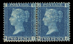 GREAT BRITAIN: 1858-76 (SG.45) 2d (Thick lines) horizontal pair [SI-SJ] from Plate 9, o.g.; one pulled pef at upper right of right unit. Cat.&pound;700.