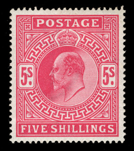 GREAT BRITAIN: 1902 (SG.263) Edward VII 5/- bright carmine, superbly centred, full perfs., fresh MUH. Cat.&pound;850.