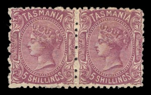 TASMANIA: 1871 (SG.149b) perf.11&frac12;, 5/- mauve, horizontal pair, large part o.g. Cat.&pound;800.
