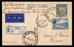 Aerophilately & Flight Covers: April 1937 (AAMC.728b) A special postcard, flown and signed by Charles Ulm on his December 1933 Trans-Tasman flight, additionally franked (incl. 1/- Anzac), registered and flown on the April 1937 Inaugural flights connecting