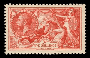 GREAT BRITAIN: 1934 (SG.451) 5/- bright rose-red Seahorse, Harrison re-engraving, superb MUH. Cat.&pound;450.