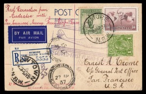 Aerophilately & Flight Covers: April 1937 (AAMC.728b) A special postcard, flown and signed by Charles Ulm on his December 1933 Trans-Tasman flight, additionally franked & registered and flown on the April 1937 Inaugural flights connecting with Pan AM "Chi