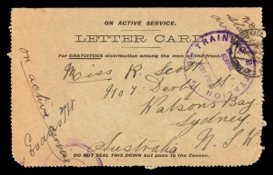 Postal History - World War I - Forces in Egypt: 1916 Gratuitous Distribution Letter Card Type 2 with Poem on the Reverse on grey stock and "Staff of the Commonwealth Stamp Printing Office.." in italics, used in May 1916 from Egypt to Sydney. The soldier c