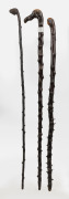Three Irish black thorn walking sticks including an example with silver collar (Dublin, 1907) with engraved ownership details, ​​​​​​​the largest 92cm long.