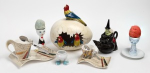 ALESSI porcelain egg cups with warmers, novelty witch teapot, VILLEROY & BOCH tea ware and parrot egg ornament, (qty).