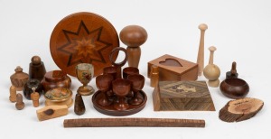 TREEN WARE assorted antique and vintage turned timber examples, including egg cruet, ornaments, boxes etc., English, Australian and New Zealand origin, 19th and 20th century, (qty), the cruet 14cm high.