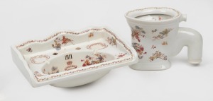 SALESMAN SAMPLES antique miniature English porcelain hand basin and toilet, Johnson Brothers, Hanley Limited, 19th century, (2 items), the toilet 14cm high, the basin 25cm wide.