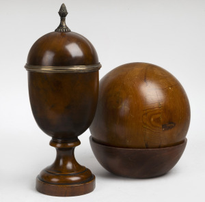 TREEN WARE lidded urn table canister, ornamental laminated pine sphere and an Australian cedar turned bowl, 20th century, (3 items), ​​​​​​​the urn 37cm high.