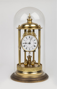 GUSTAV BECKER German 400 day anniversary brass cased clock with floral enamel dial and Roman numerals under glass dome, (A/F), 20th century, ​​​​​​​44cm high.