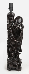 A vintage Chinese figural carved timber table lamp base, 20th century, ​​​​​​​61cm high overall