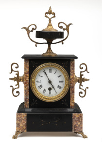 An antique French mantle clock in black slate and marble case, timepiece only with urn decorated top and Roman numerals, 19th century, 39cm high.
