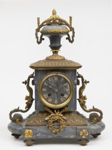 An antique French mantle clock in ornate grey marble case with ormolu mounts, eight day time and strike movement, with later Roman numerals applied, 19th century, 41cm high.