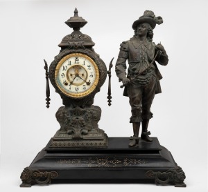 ANSONIA "Don Juan" antique American figural spelter mantle clock with ebonized cast iron base, 19th century, 56cm high overall.