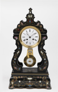 An antique French portico clock in ebonized timber case with brass inlay and enamel decoration, eight day time and strike movement with Roman numerals, 19th century, ​​​​​​​50cm high.