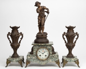FAUSCHEUR antique French marble and spelter figural clock set, eight day time and strike movement with Arabic numerals, late 19th century, 46cm high.