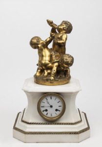 An antique French Carrara white marble case mantle clock with gilt bronze putti figural top, eight day time and strike movement with Roman numerals, 19th century. Note: Missing pendulum and key. 43cm high.
