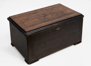 An antique music box in walnut case with marquetry inlay, three bell movement, barn find relic condition for the restorer, 19th century, 21cm high, 42cm wide, 26cm deep.