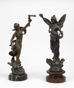 Two antique figural mystery swinging clock bases, both in patinated spelter, one example with variegated marble base and the other on turned timber plinth, 19th century, 39cm high.