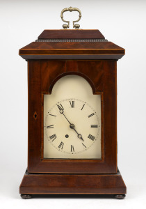 Antique English spring table clock in later bespoke custom made mahogany case. The eight day time only fusee movement with shouldered plates and anchor escapement. The break arch one piece painted dial with Roman numerals, 19th century and later. 49cm hig