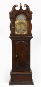 An antique French miniature longcase clock with eight day time and bell striking movement, fitted with a brass dial plate with Roman numerals and signature plaque to the arch, 19th century and later. 66cm high.