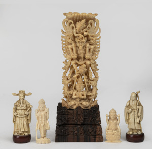 Two Indian carved ivory religious figures, mid 20th century, 6.5cm and 9cm high; together with three reproduction resin figures, 20th century, (5 items), the largest 26cm high.