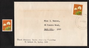 1975 (SG.608a) 18c Wildflower with variety "Black omitted", a MUH single and an example FU on commercial cover (21 Feb.1977) from Sydney to Bass Hill. (2 items).