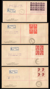 1947-49 group of Krone Registered First Day Covers, each bearing an imprint blk.4 or 6: Nov.1947 1d Princess, July 1948 2&frac12;d Farrer, Sept. 1948 2&frac12;d Von Mueller, and, June 1949 2&frac12;d Lawson. (4 covers).