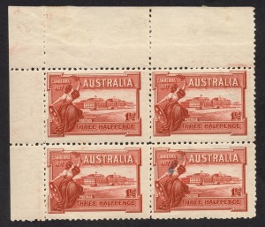 1927 1&frac12;d Canberra (SG.105), upper left corner block (4) with large margins and complete Plate No. "12" in upper margin. MUH/M. [BW.132zk] $750. Small ink (?) sport on LR unit.