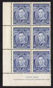 March 1938 (SG.168c) 3d blue KGVI (Die 2, Thick paper), Ash Imprint blk.(6); fresh MUH.