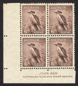1937 (SG.172) 6d brown Kookaburra, Ash Imprint blk.(4) superb MUH.