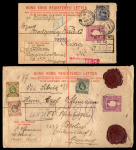 HONG KONG: POSTAL STATIONERY: March 1910 usage of 10c Edward VII Registration Envelope [125 x 200mm] uprated 34c for delivery to BERLIN "via Siberia"; also, October 1912 usage of 10c Edward VII Registration Envelope [95 x 106mm] uprated 10c for delivery t