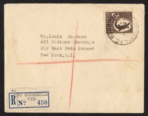 Postal History: "C.I.C. BONEGILLA - VIC" April 1950 cds tying 2/- Aboriginal Art on a registered cover (with provisional CIC BONEGILLA registration label) to New York; with Melbourne transit and New York arrival b/stamps. The sender was Dr. Horvath Ferenc