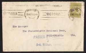 Kangaroos - Third Watermark: Nov.1918 usage of 3d Olive-Green (Die 1) on cover from Melbourne to USA; with 3-line "3rd Military District" censorship h/stamp in blue.