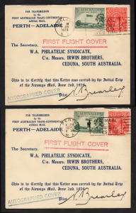 Aerophilately & Flight Covers: 2-4 June 1929 (AAMC.137a) Perth - Adelaide and Adelaide - Perth flown covers, carried on the Inaugural flights W.A. Airways Ltd; both covers signed by the chief pilot, Major Norman Brearley, (2).