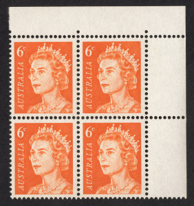 1970 (SG.387a) 6c orange QE2, variety BW:446ad "Non-helecon uncoated paper" upper right cnr.blk.(4) MUH. Cat.$400.