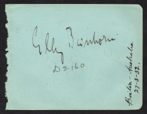 Aerophilately & Flight Covers: ELLY BEINHORN original pen signature on an autograph page with "D-2-160" (her Klemm Swallow registration number) and "Berlin - Australia 27-3-32" at right. [See AAMC.229-30]. Beinhorn flew her Klemm Swallow D-2160 from B
