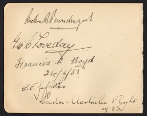 Aerophilately & Flight Covers: CAPTAIN ARCHIBALD PRENDERGAST original pen signature on an autograph page, together with those of G.C. Loveday, Francis R. Boyd and C.F. Griffiths and dated 24/6/33 with the page titled "London - Australia Flight 1933", a re