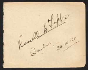 Aerophilately & Flight Covers: RUSSELL B. TAPP original pen signature on an autograph page further endorsed "Qantas 24.10.30". [See AAMC.187]. Captain Russell Tapp joined QANTAS in 1928, when it employed 25 people, including just seven pilots.