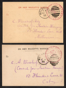 VICTORIA - FRANKS: CHIEF SECRETARY: Centennial International Exhibition 1888 postal cards with "NOTICE OF MEETING" printed messages; handstamped FRANKS in red tied by 1888 or 1889 Melbourne duplex cancels, both addressed locally to the Consul for Austria-