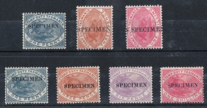 TASMANIA: Postal Fiscals: 1880 (SG.F26s-F29s) 2d to 1/- with horizontal 'SPECIMEN' overprint, plus 1d duplicate and 3d & 1/- with vertical 'SPECIMEN' overprints reading downwards, fine mint, large-part o.g. [The horizontal overprints set is very scarce w