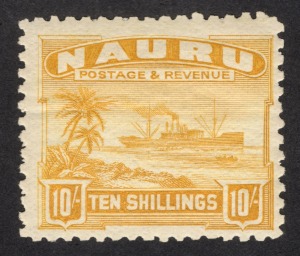 NAURU: 1924 (SG.39A) Rough paper, 10/- Freighter, fresh MUH. Rare thus.