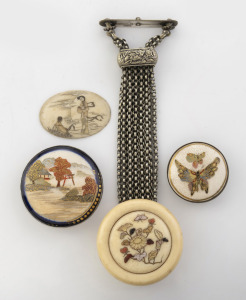 An antique Japanese Shibayama tobacco netsuke, together with a carved ivory oval plaque and a SATSUMA brooch and button, 19th/20th century, (4 items), ​​​​​​​the netsuke 5cm diameter.