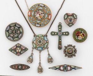 MICROMOSAIC vintage jewellery, 20th century, (10 items), the cross pendant 5cm high overall.