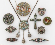 MICROMOSAIC vintage jewellery, 20th century, (10 items), the cross pendant 5cm high overall.
