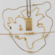 A 14ct yellow gold necklace (1.9 grams), and 18ct gold nugget style pendant (1.3 grams), a 9ct gold name bracelet "Meg" (1.5 grams), and three assorted necklaces, (6 items)