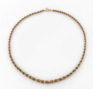 A 9ct gold rope twist necklace, 20th century, 42cm long, 11 grams.