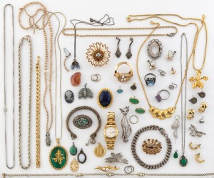 COSTUME JEWELLERY necklaces, brooches, earrings, etc., of note a sterling silver and opal chip brooch, marcasite jewellery, and Citizen watch, (qty)
