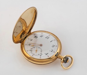 An antique French 18ct gold full hunter cased pocket watch with crown wind and engraved monogram, 19th century, 7cm high including bow, 78 grams total including movement.