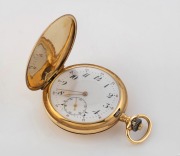 An antique French 18ct gold full hunter cased pocket watch with crown wind and engraved monogram, 19th century, 7cm high including bow, 78 grams total including movement.