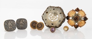 A Chinese carved mutton jade, silver gilt and enamel brooch, a costume jewellery brooch, cufflinks, earrings, and tie stud, mixed vintages, the Chinese brooch 4.5cm wide.
